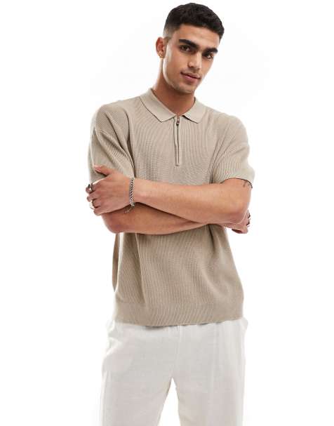 New Look 1/4 zip short sleeve knitted polo in beige - view 1