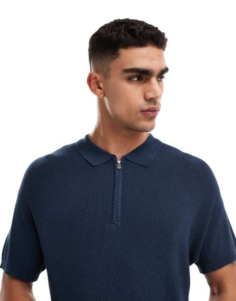 New Look 1/4 zip short sleeve knitted polo in navy - view 1