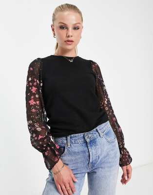 New Look 2 In 1 Knit Sweater With Floral Sheer Sleeves In Black