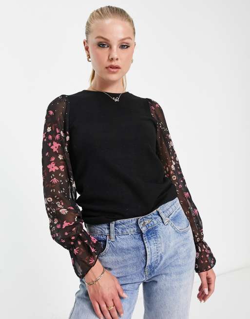 New Look 2 in 1 knit sweater with floral sheer sleeves in black ASOS