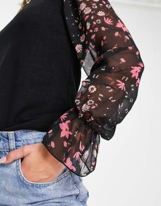 New Look 2 in 1 knit sweater with floral sheer sleeves in black | ASOS