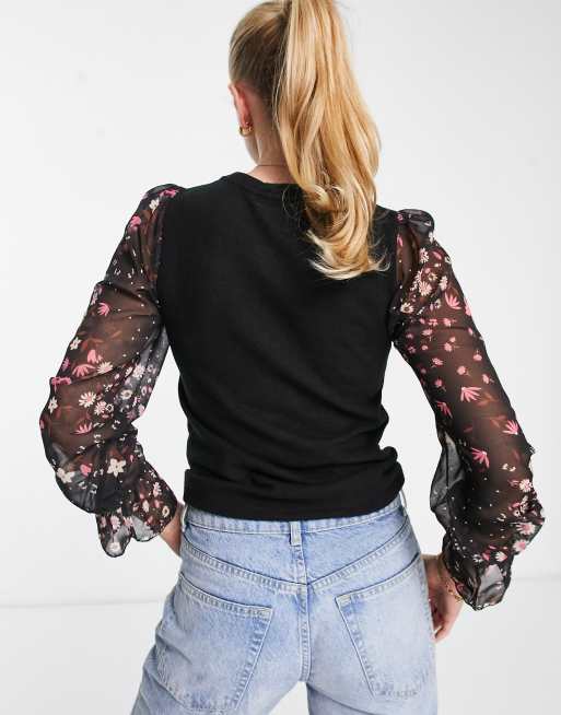 New Look 2 in 1 knit sweater with floral sheer sleeves in black