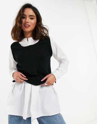 New Look 2-in-1 knit vest and volume sleeve shirt in black | ASOS