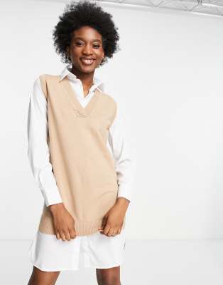 New Look 2 in 1 knitted shirt dress in camel | ASOS