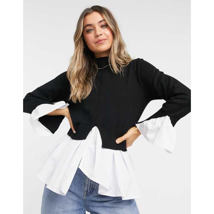 New Look 2-in-1 poplin shirt sweater in black