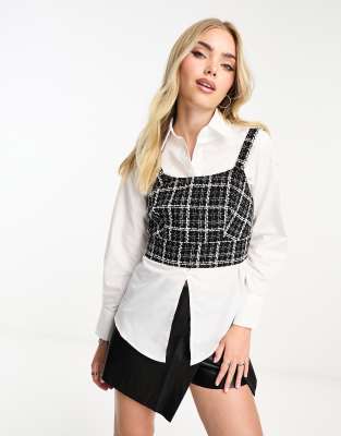 New Look 2 in 1 shirt with boucle crop in white