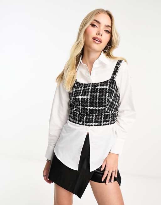 New Look 2 in 1 shirt with boucle crop top in white