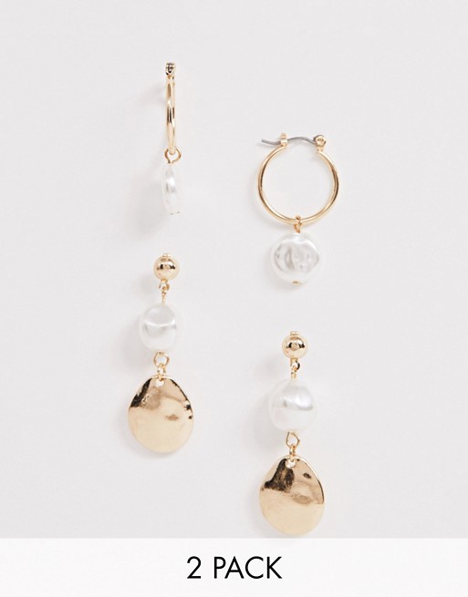 New Look 2 pack faux pearl mini hoop and disc earrings in gold