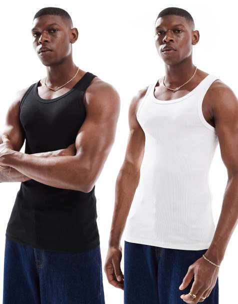 New Look 2 pack muscle fit rib vests in white and black - view 1