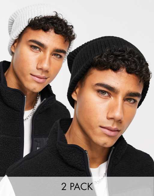 New Look 2 pack of fisherman beanies in black and grey