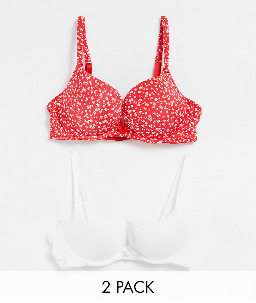 New Look 2 pack push up bra in flower print-Red
