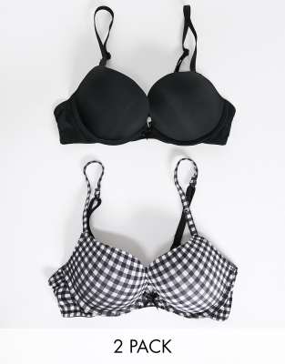 New Look 2 pack push up bra in gingham-Black