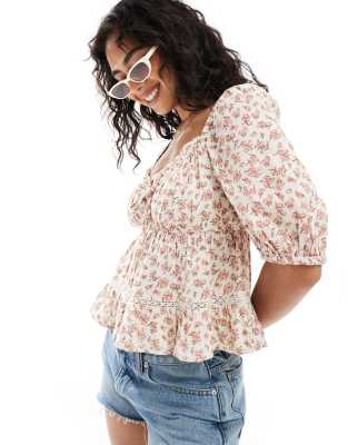 New Look 3/4 sleeve milkmaid top in pink ditsy floral - view 1