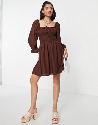 New Look 3/4 sleeve square neck shirred frill mini dress in brown