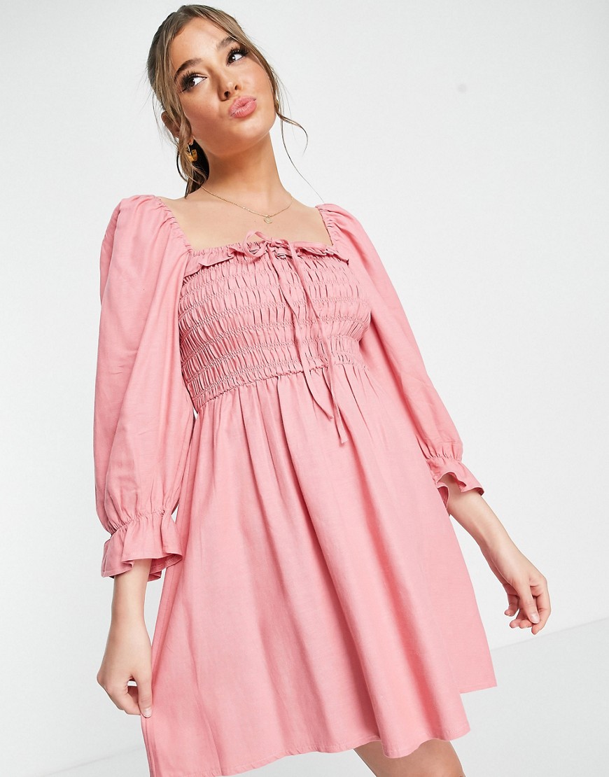 New Look 3/4 Sleeve Square Neck Shirred Frill Mini Dress In Pink