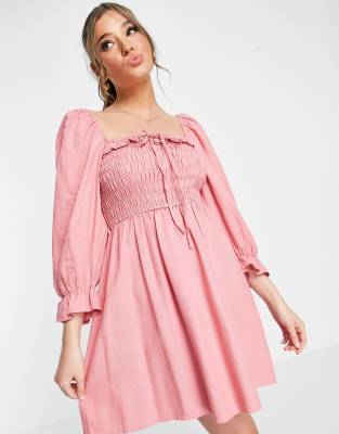 New Look 3/4 sleeve square neck shirred frill mini dress in pink | ASOS