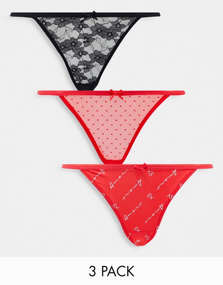 New Look 3 pack 'amour' mixed print bikini briefs-Red
