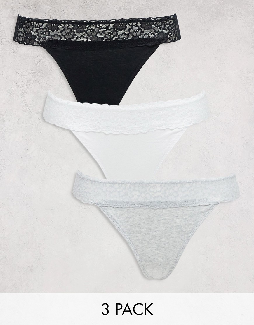 New Look 3 pack cotton lace trim thong in multi-Grey