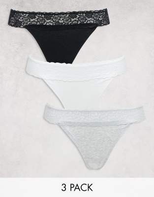 ASOS DESIGN 3 pack cotton & lace trim high rise malibu thong in black