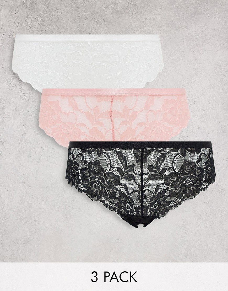 New Look 3 pack lace briefs in black, white and pink-Multi