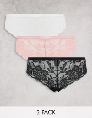 New Look 3 pack lace briefs in black, white and pink