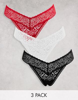 New Look 3 pack lace thongs in black, white and red