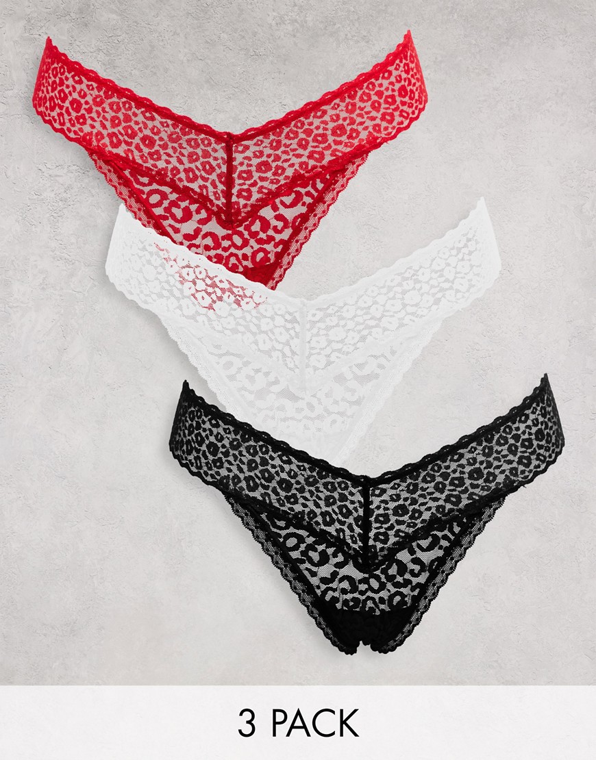 New Look 3 Pack Lace Thongs In Black, White And Red-multi
