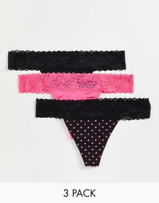 Womens Black 3pk Floral Lace Thongs