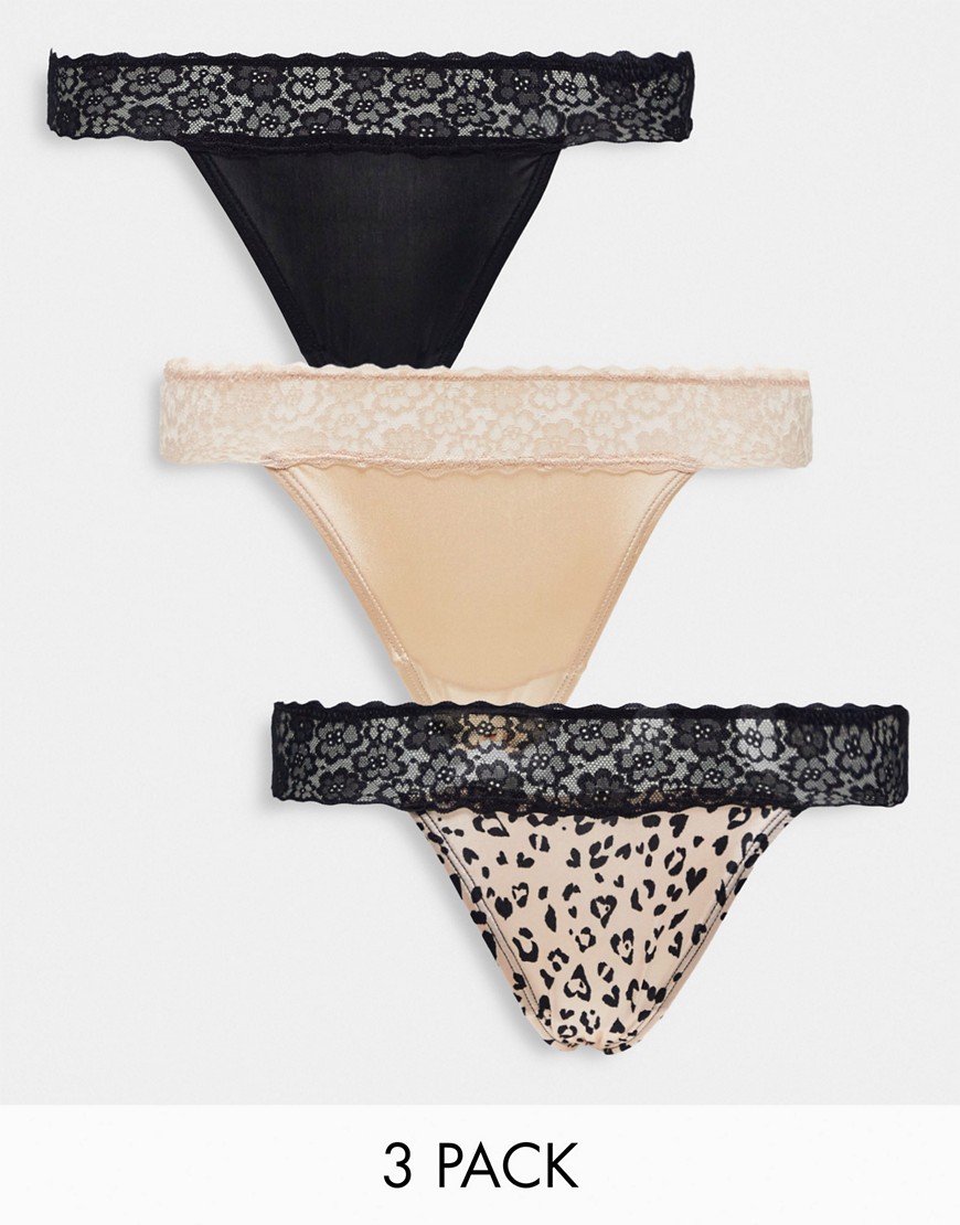 New Look 3 pack lace top thong in animal, tan & black-Multi