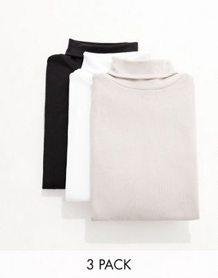 New Look 3 pack ribbed roll neck tops in black, cream and mink - ASOS Price Checker