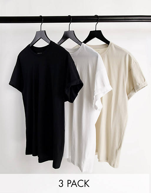 New Look 3 pack roll sleeve t-shirt in multi
