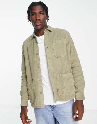 New Look 3 pocket cord overshirt in light khaki-Green