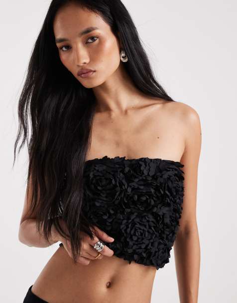 New Look 3D floral bandeau top in black - view 1