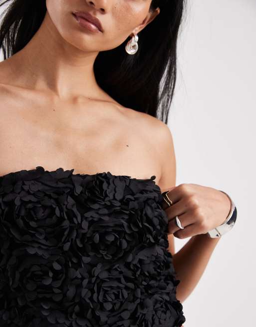 New Look 3D floral bandeau top in black, 3 of 4