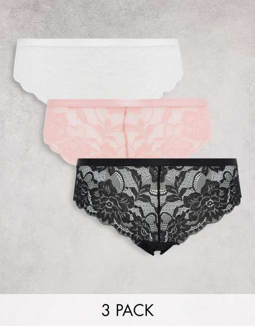 New Look – 3er-Pack Spitzenslips in Schwarz, Weiß und Rosa
