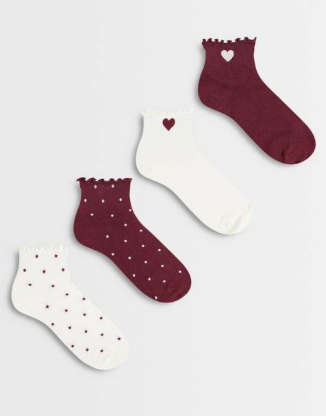 New Look 4 pack heart frill top socks in burgundy - view 1