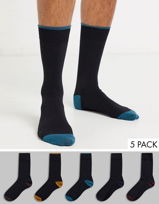 New Look 5 pack contrast tipped socks in black