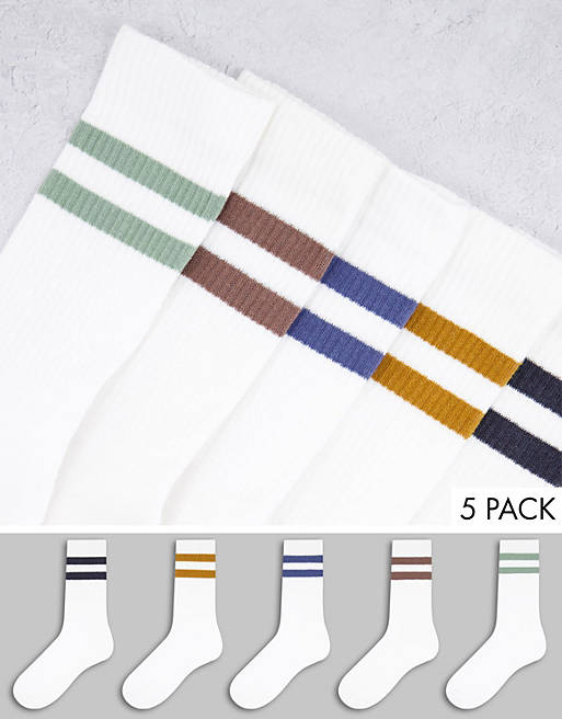 New Look 5 pack socks with coloured sport stripe in white