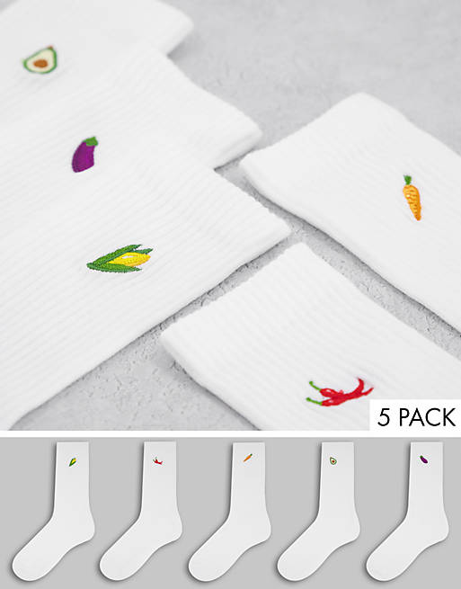 New Look 5 pack socks with veg embroidery in white