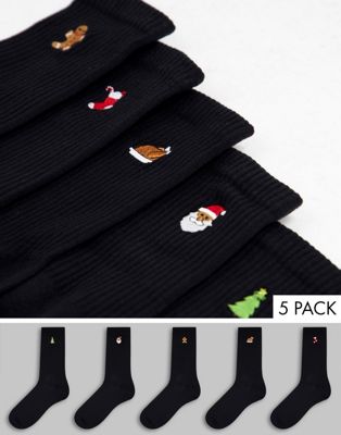 New Look 5 pack socks with xmas embroidery in black multi (201235012)