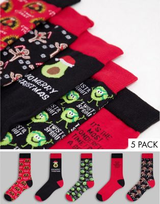 New Look 5 pack socks with xmas embroidery in red multi (201235009)