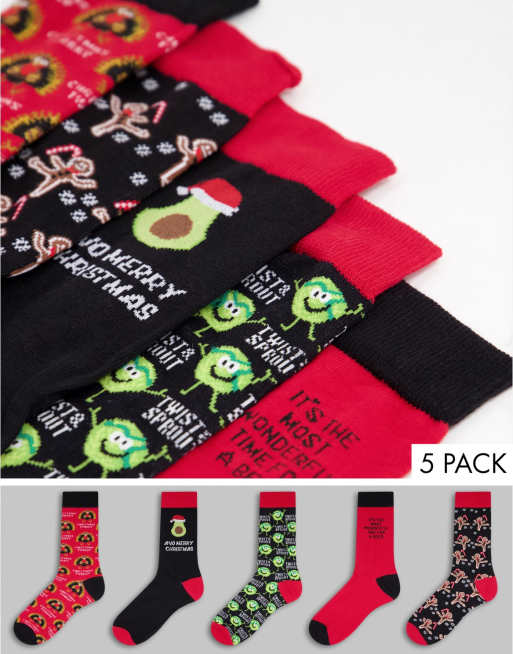 New Look 5 pack socks with xmas embroidery in red multi