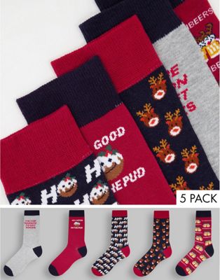New Look 5 pack socks with xmas print in navy multi