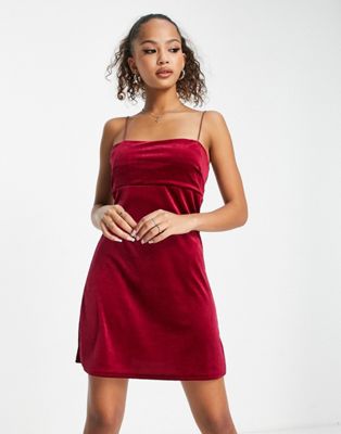 New Look 90s Velvet A-line Dress In Burgundy-red