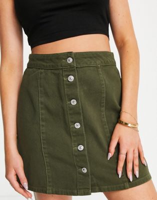 New Look a line denim button front mini skirt in khaki