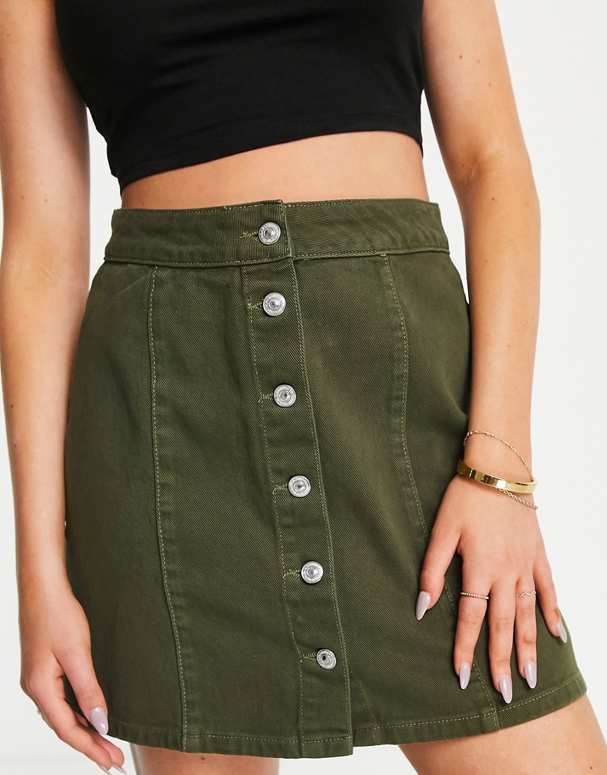 New Look A-line Denim Button Front Mini Skirt In Khaki-green