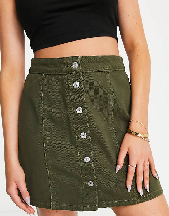 New Look - a line denim button front mini skirt in khaki