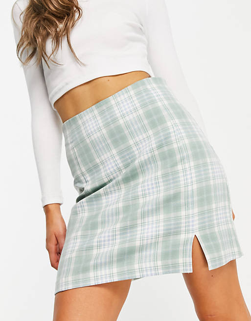 New Look a-line mini skirt with side split in green check