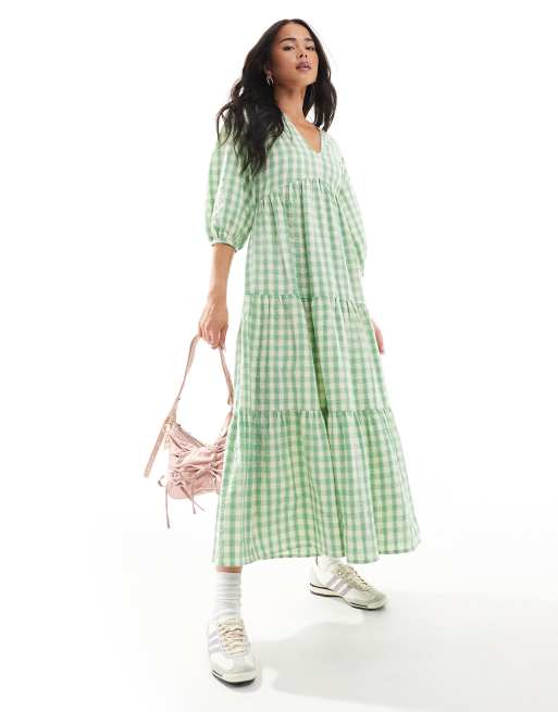 New Look - Aangerimpelde midi-jurk met V-hals en gingham ruit in groen, 4 van 4