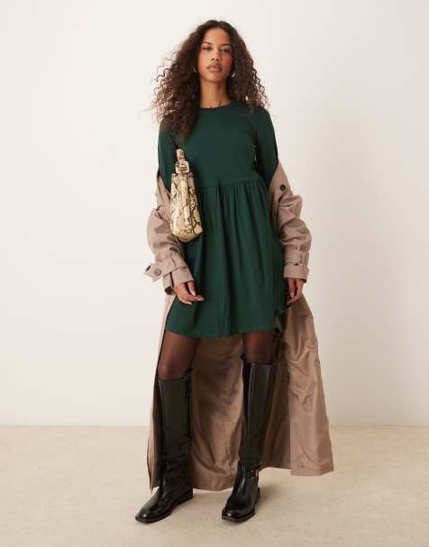 New Look - Aangerimpelde mini-jurk van jersey met lange mouwen in groen - view 1